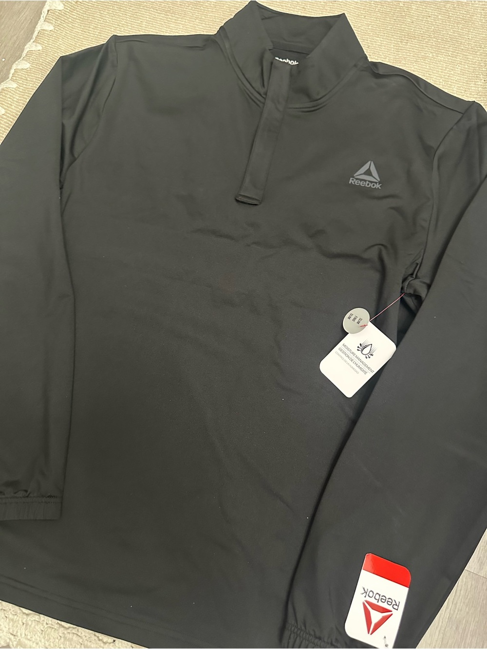 Reebok Black Men's Quarter-Zip Pullover Hoodie-Style Performance Top